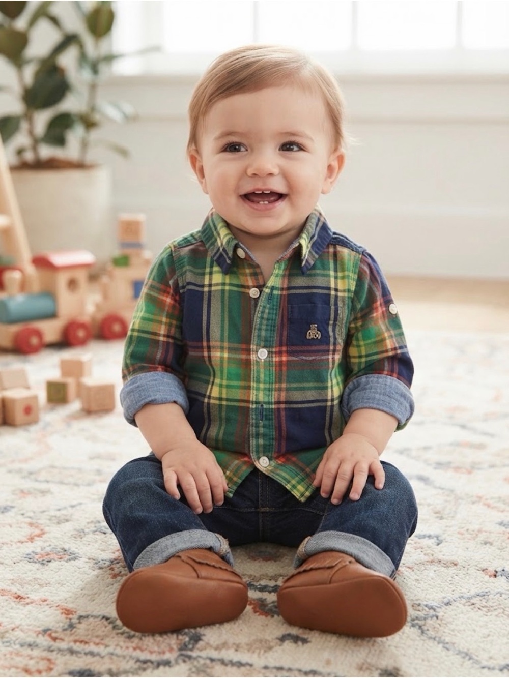 Baby GAP Plaid Button-Down Shirt - Green, Navy & Yellow 6-12 months
